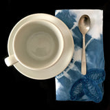 LUNCHEON NAPKIN SET (4 pc), indigo dyed, Shibori pattern, lace corner detail