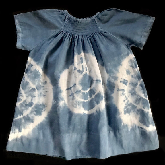 BABY DRESS:  indigo dyed, Shibori pattern