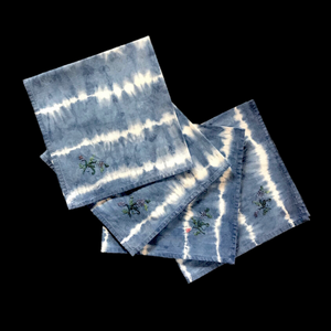 LUNCHEON NAPKIN SET (4 pc),  hand-dyed with avocado, Shibori pattern, embroidered rose detail
