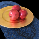 LG OBLONG  CROCHET TABLEMAT:  naturally hand-dyed with indigo, gold metallic details