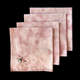 LUNCHEON NAPKIN SET (4 pc),  hand-dyed with avocado, Shibori pattern, embroidered rose detail